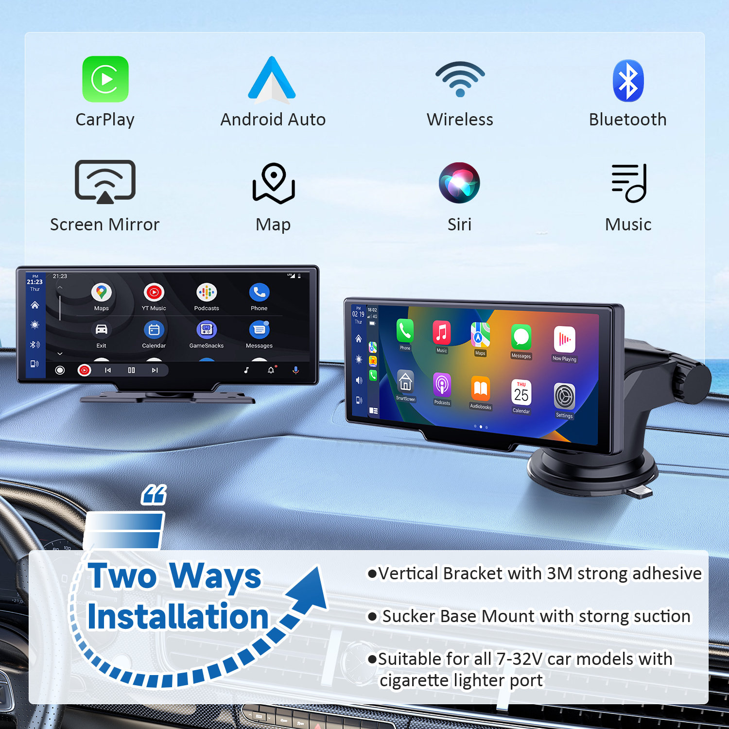 Autoradio portable avec Dash Cam, Apple Carplay, Android Auto, Bluetooth, Ã©cran tactile, support de tableau de bord, 10 n° 2