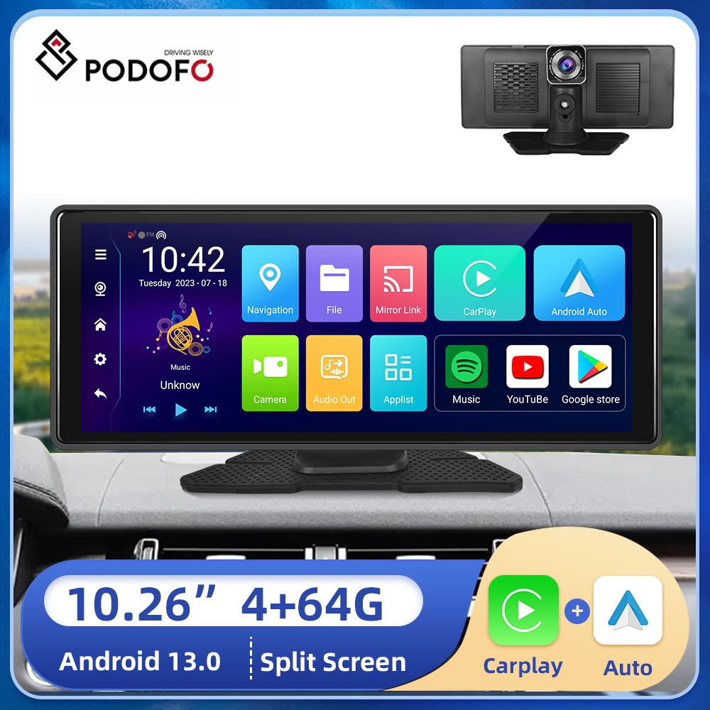 PodoNuremberg-CamÃ©ra de tableau de bord automatique pour Android 13, DVR de voiture, moniteur Carplay, ADAS, WiFi, navigation GPS, enregistreur de carte Prada, 4 + 64G, 10.26 pouces n° 1